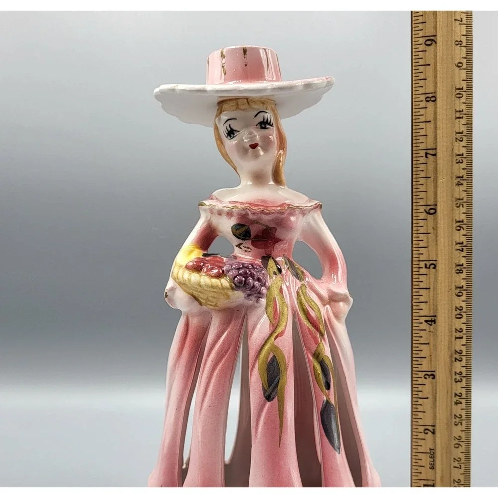 MCM Artmark Pink Lady w/ Fruit Napkin Hankie & Candle Holder Bell Japan 9